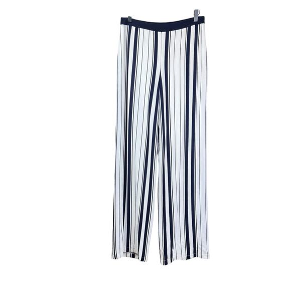 Frank Lyman NWT Navy & White Stripe Crepe Texture Wide Leg Lined Trouser Pants - Picture 3 of 9